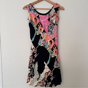 Vintage Sleeveless Black and Pink Floral-Print Mini Dress